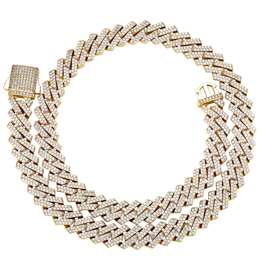 14mm Diamond Prong Cuban Chain in Yellow Gold - Main Image