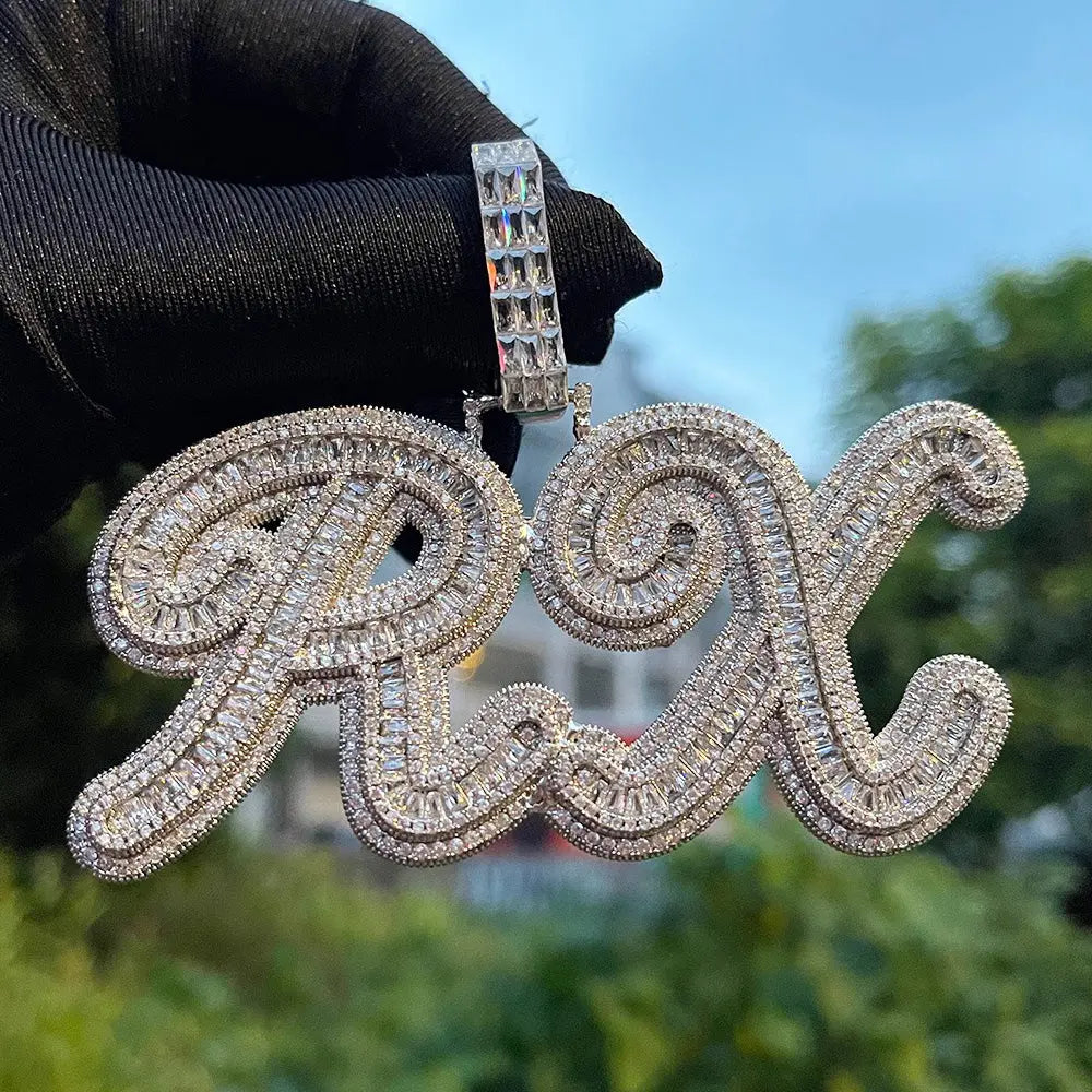 Custom Baguette Diamond Cursive Font Pendant 10-Letters18kYellowGoldPlated  The Icetruck