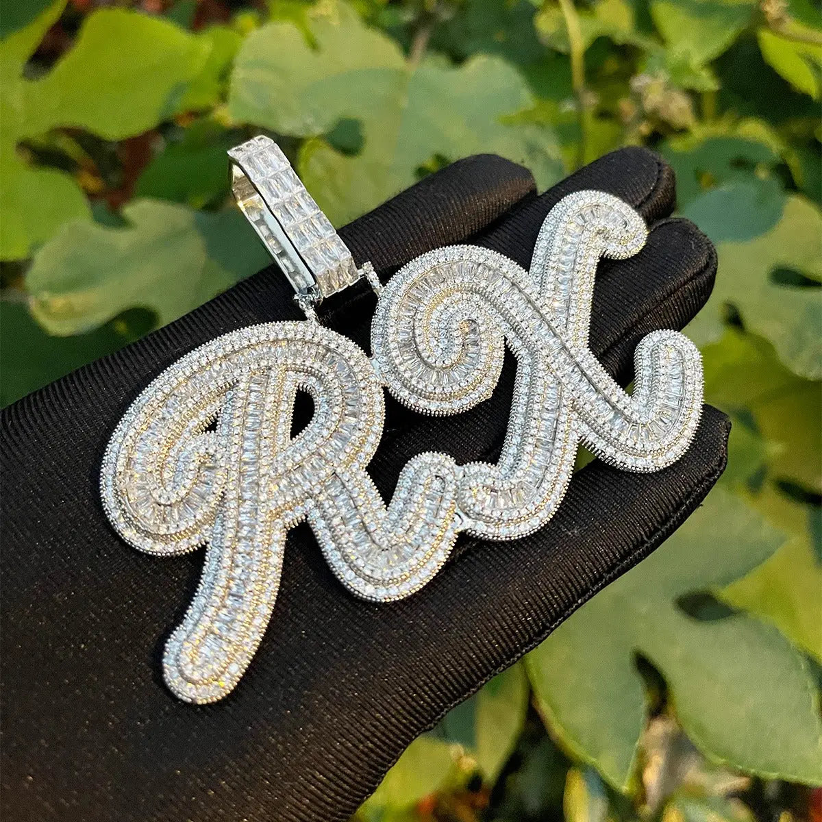 Custom Baguette Diamond Cursive Font Pendant | - The Icetruck