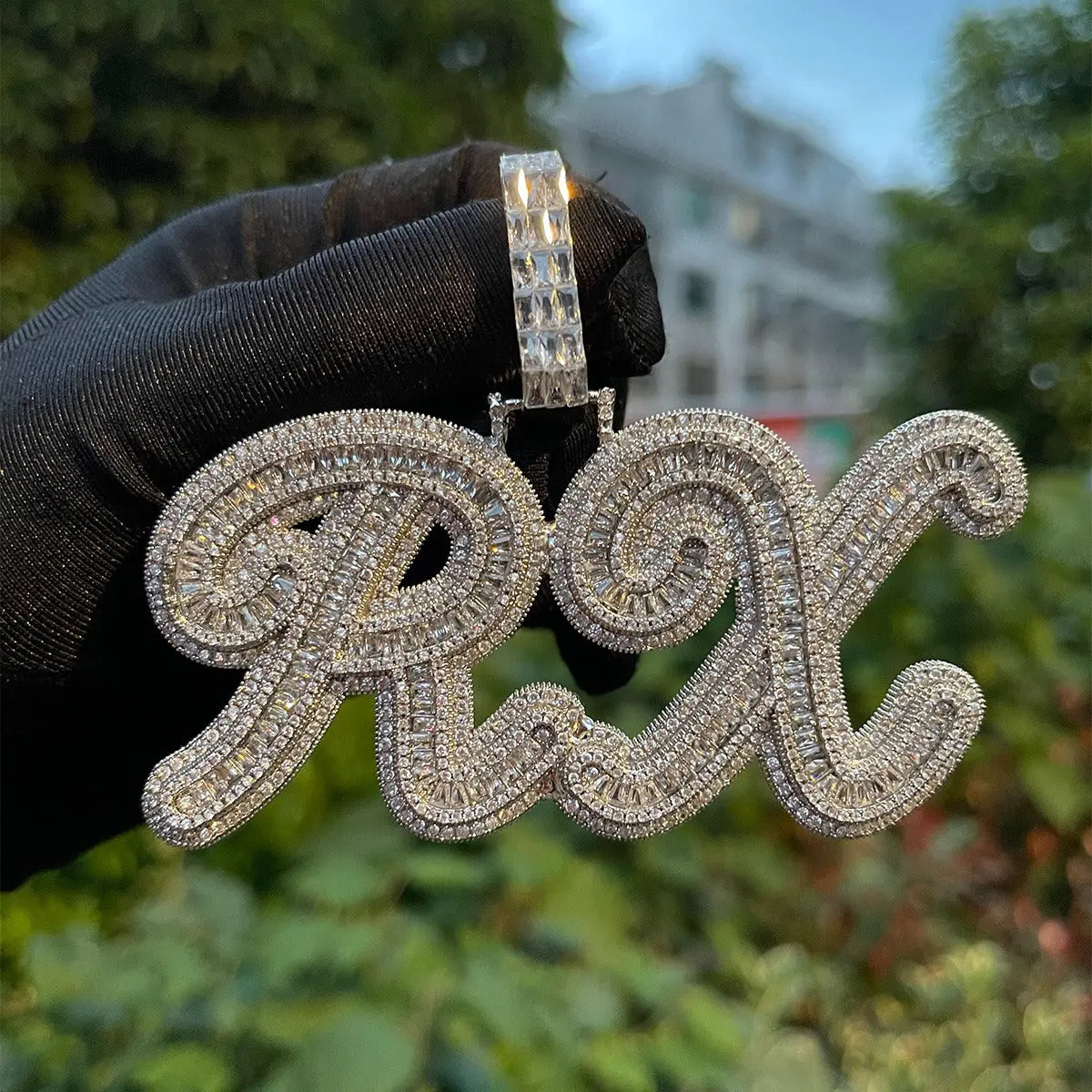 Custom Baguette Diamond Cursive Font Pendant | - The Icetruck