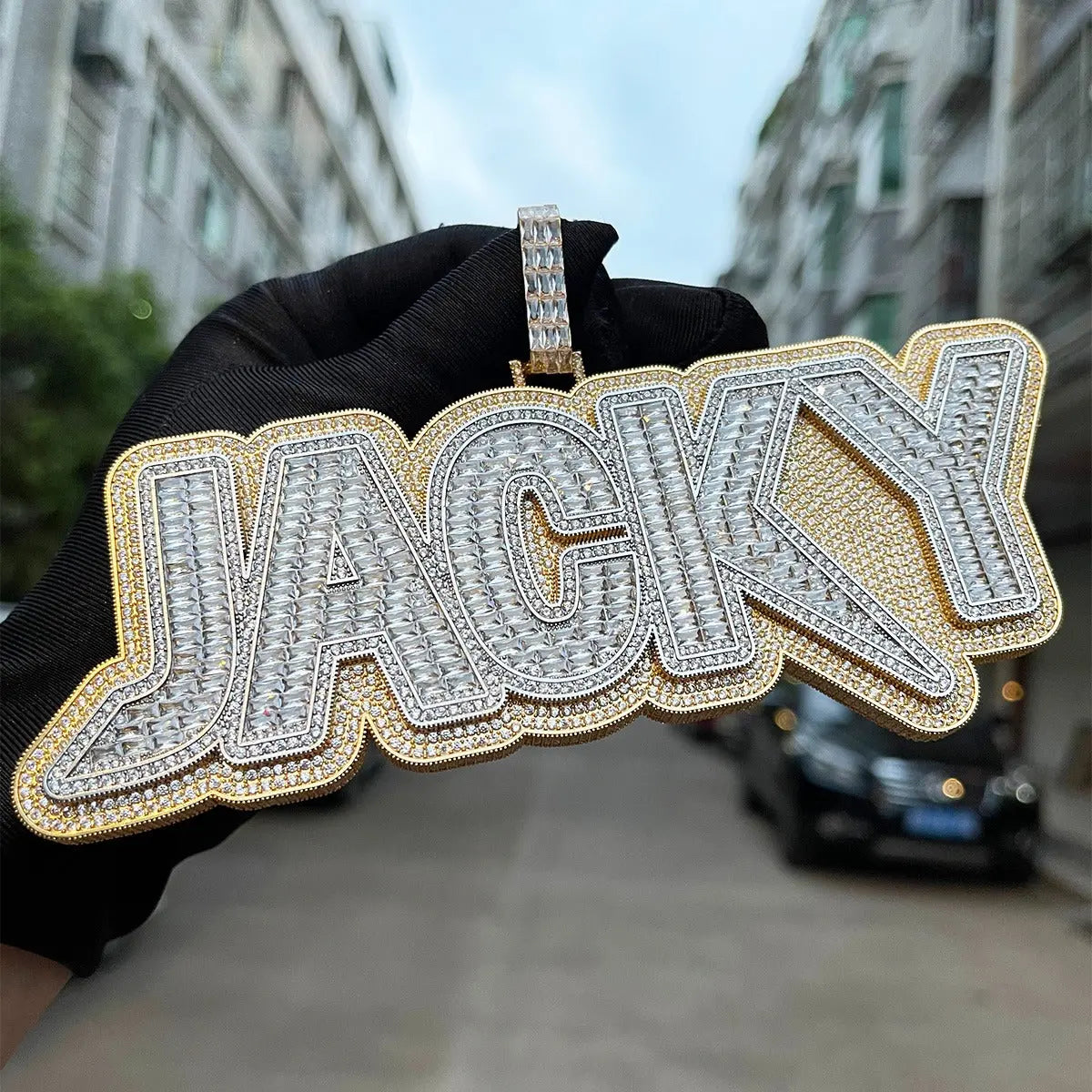 Custom Baguette Diamond Slick Font Pendant | 1-Letter / 14k White Gold Plated - The Icetruck