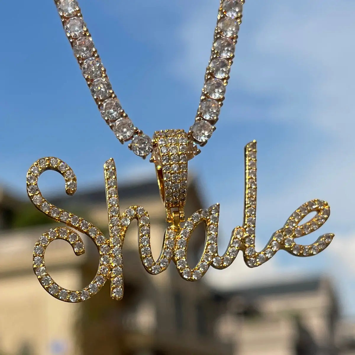 Iced Out Custom Diamond Cursive Font Pendant in white gold from The Icetruck