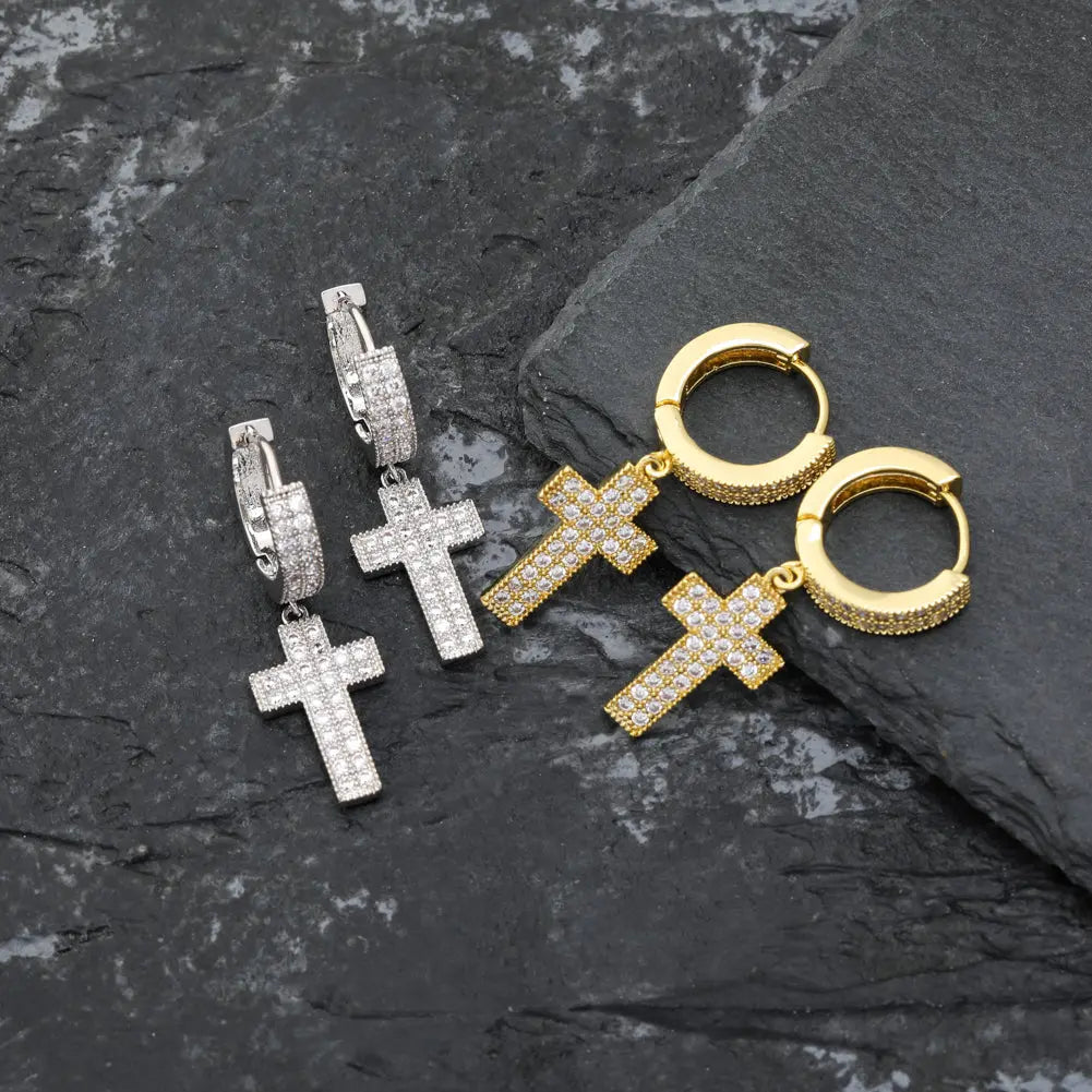 Diamond Cross Hoop Earrings in Yellow Gold | - The Icetruck