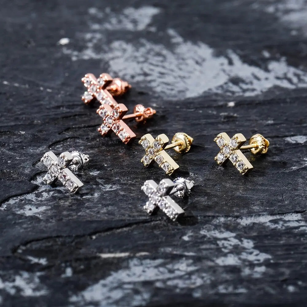 Mini Diamond Cross Earrings in 14k White Vermeil | - The Icetruck