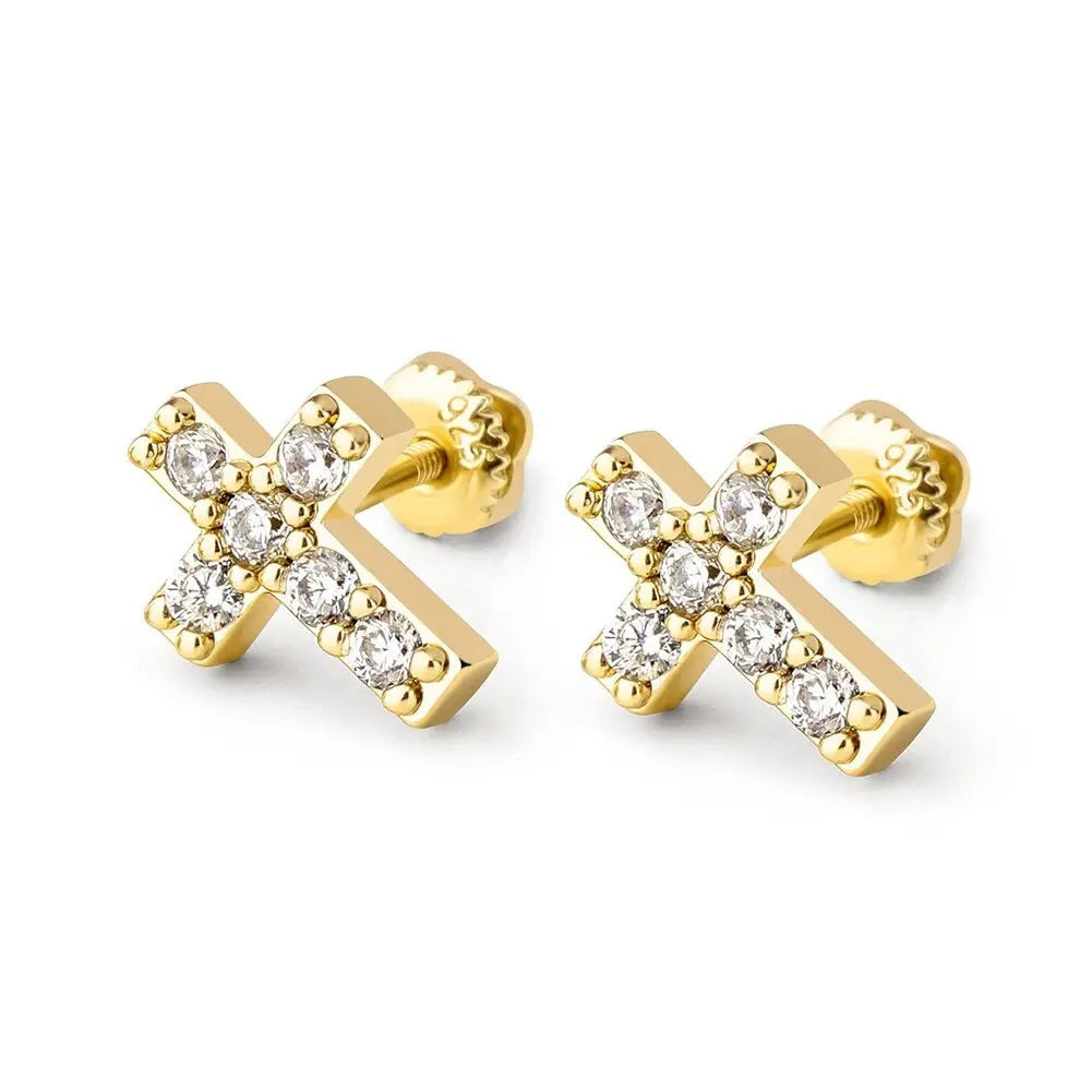 Mini Diamond Cross Earrings in 18k Yellow Vermeil | - The Icetruck
