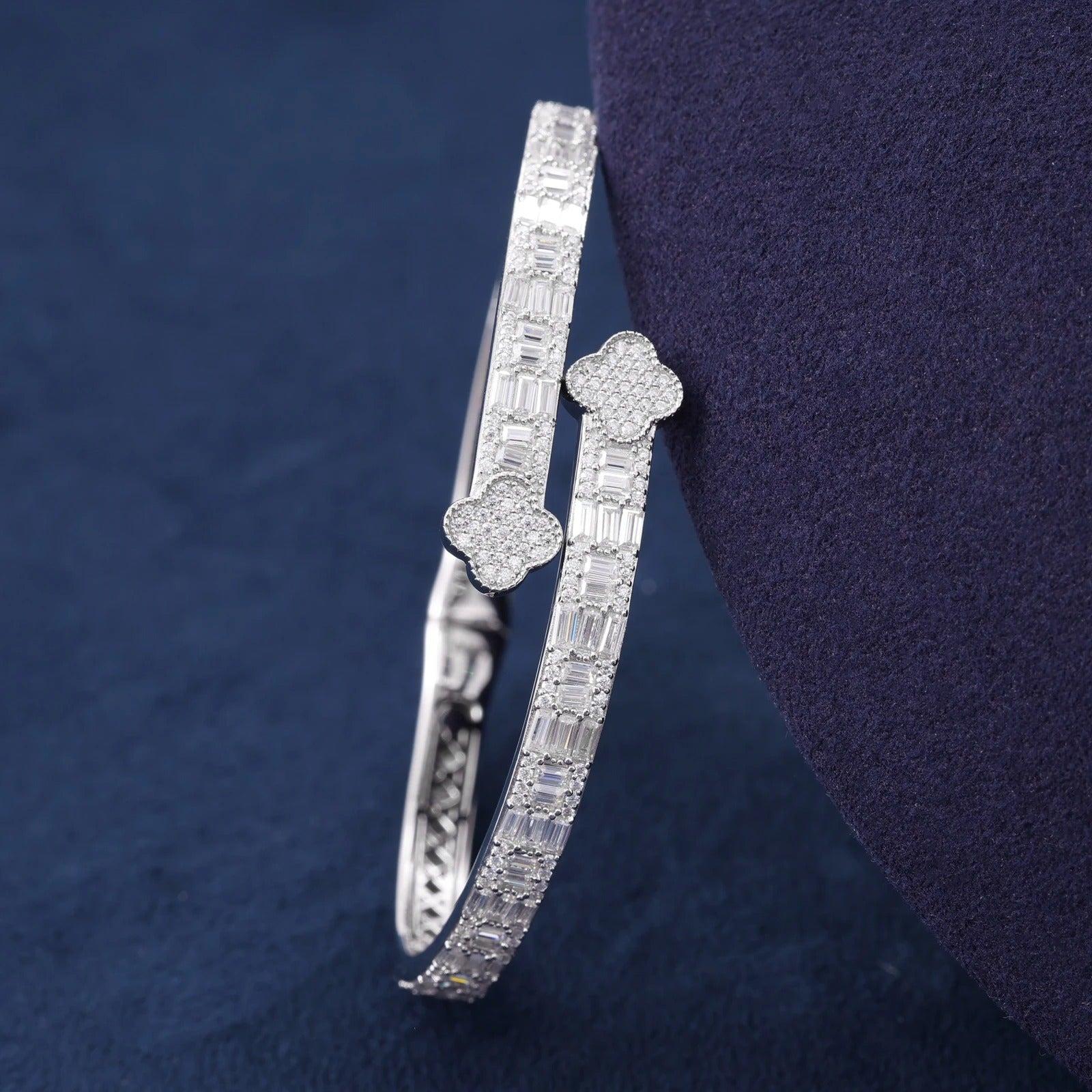 Moissanite Baguette Clover Bangle in 925 Silver