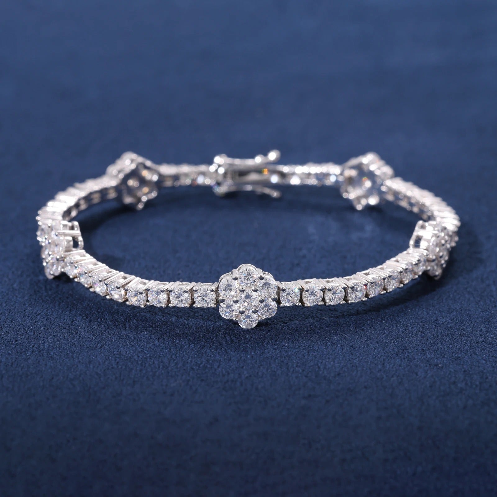 Moissanite Iced Flower Tennis Bracelet in 925 Silver
