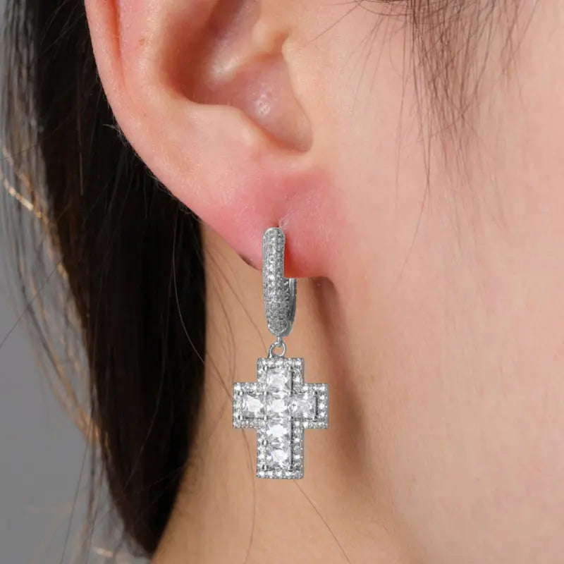 Princess Cut Diamond Cross Earrings in White Gold   The Icetruck