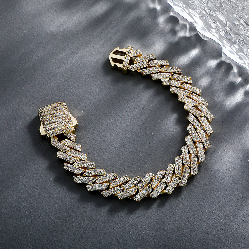 14mm Moissanite Prong Cuban Bracelet in Gold Vermeil