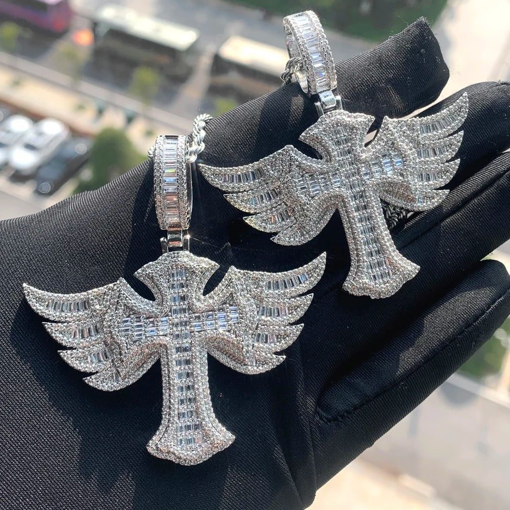 Winged Baguette Cross Pendant - 925 Silver