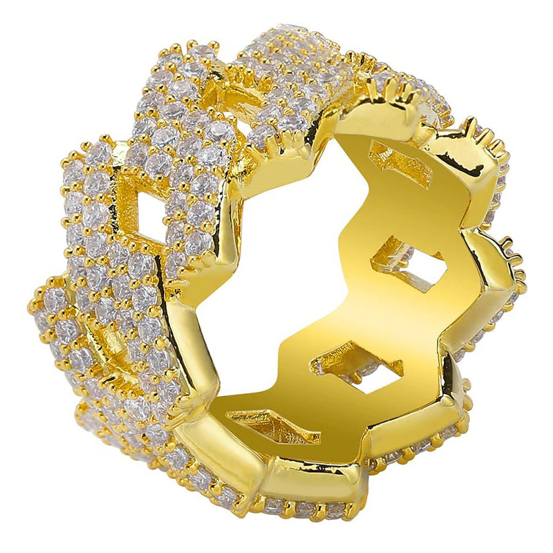 Iced Prong Cuban Ring in Yellow Gold