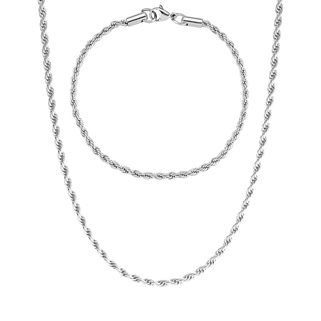3mm Rope Chain & Bracelet Set - White Gold