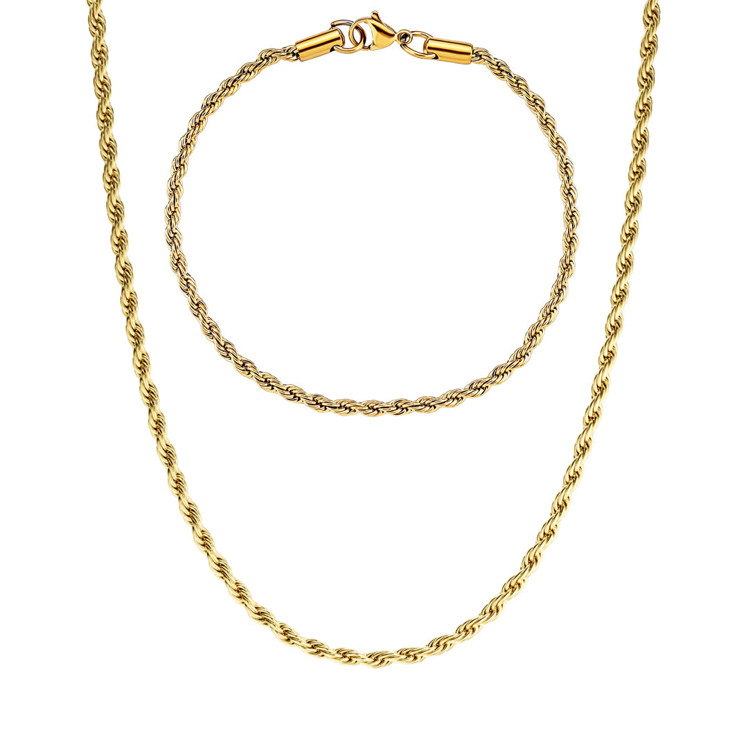 3mm Rope Chain & Bracelet Set - Yellow Gold