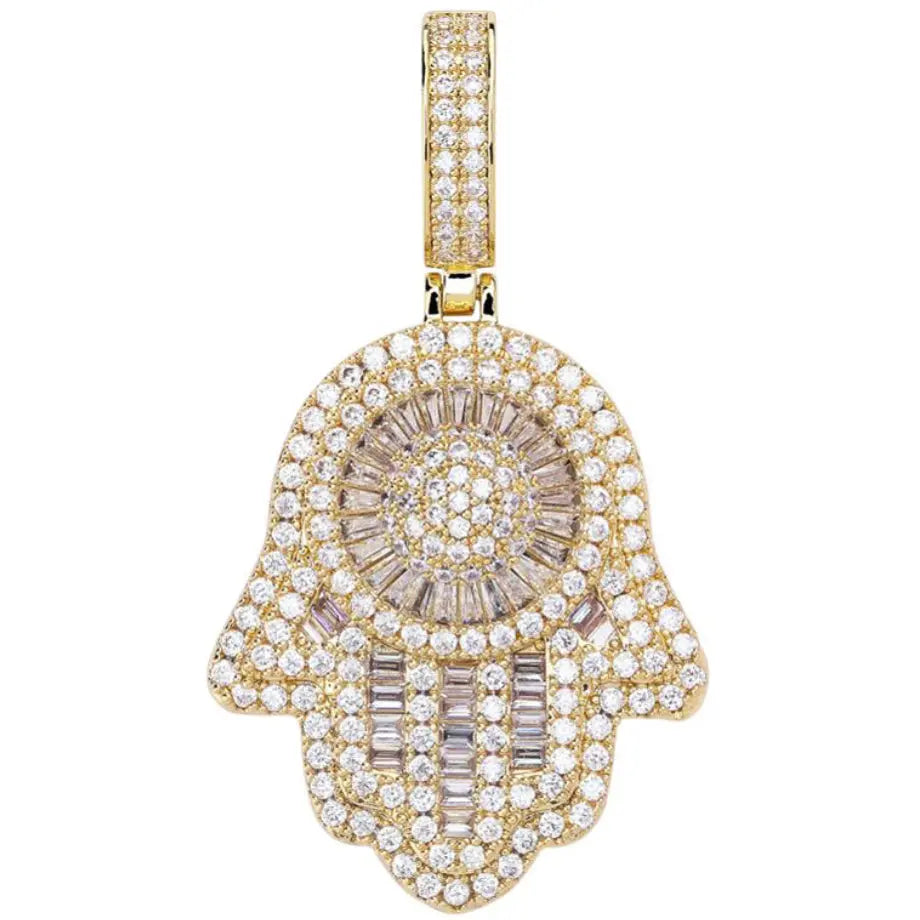 Baguette Diamond Hamza Pendant 18kYellowGoldPlated  The Icetruck