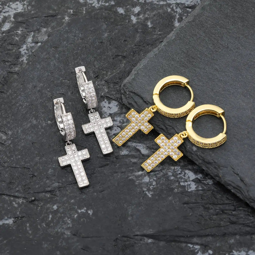 Diamond Cross Hoop Earrings in White Gold | - The Icetruck