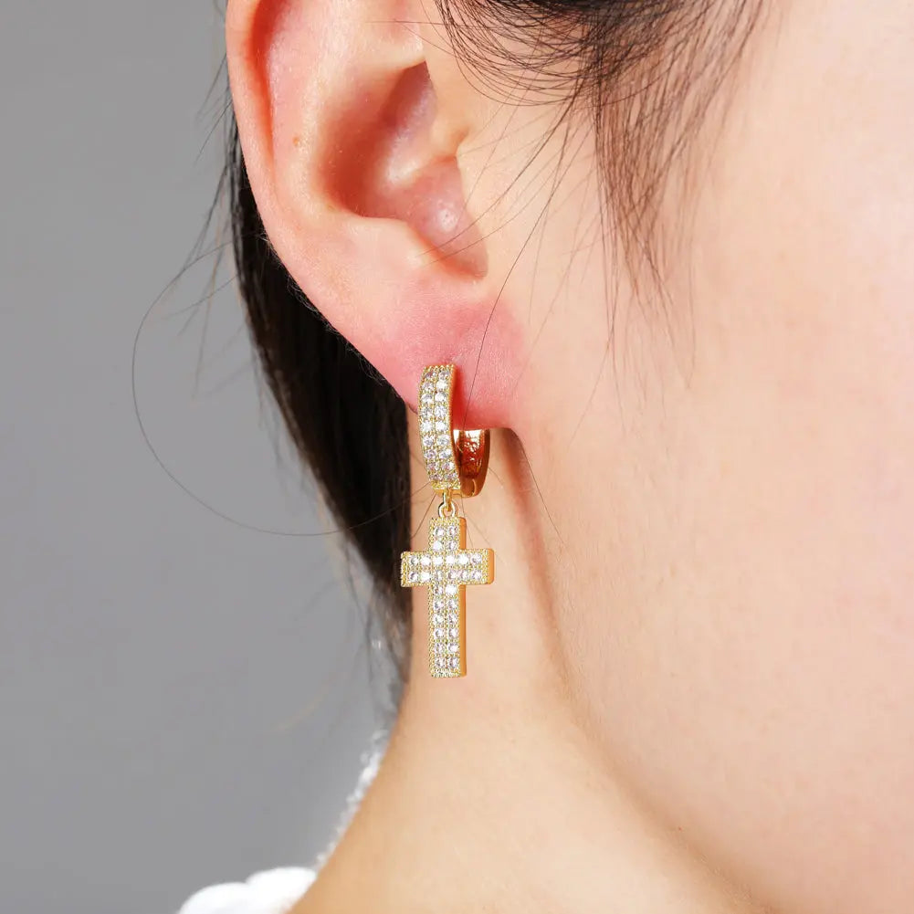 Diamond Cross Hoop Earrings in Yellow Gold | - The Icetruck