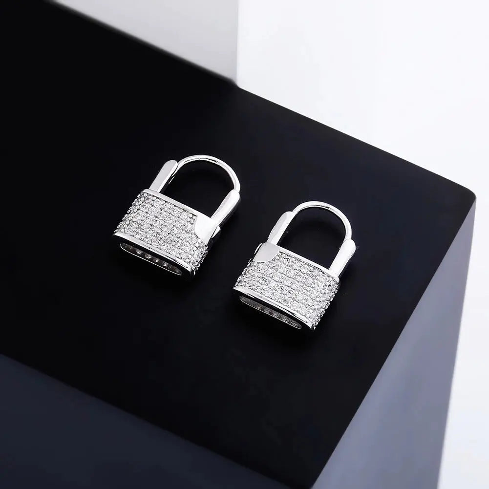 Diamond Lock Earrings in White Gold | - The Icetruck