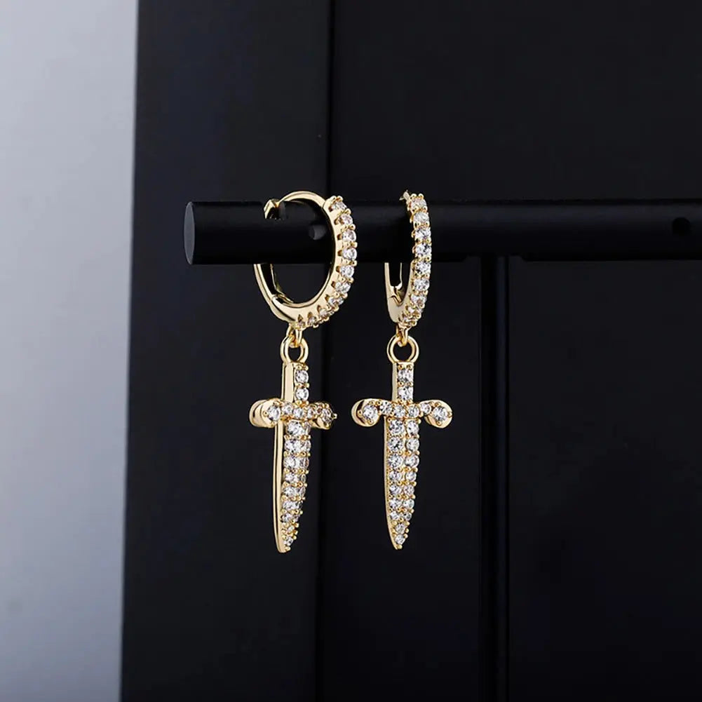Iced Dagger Hoop Earrings in Yellow Gold | - The Icetruck