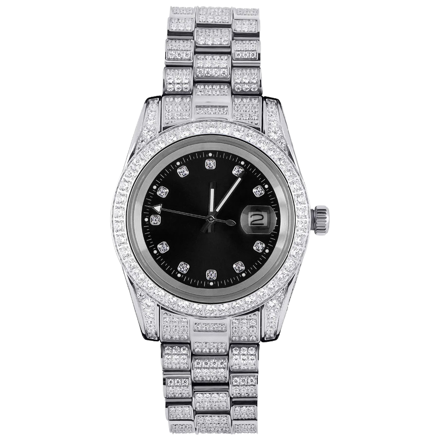Iced Presidential Watch w/ Black Dial in White Gold