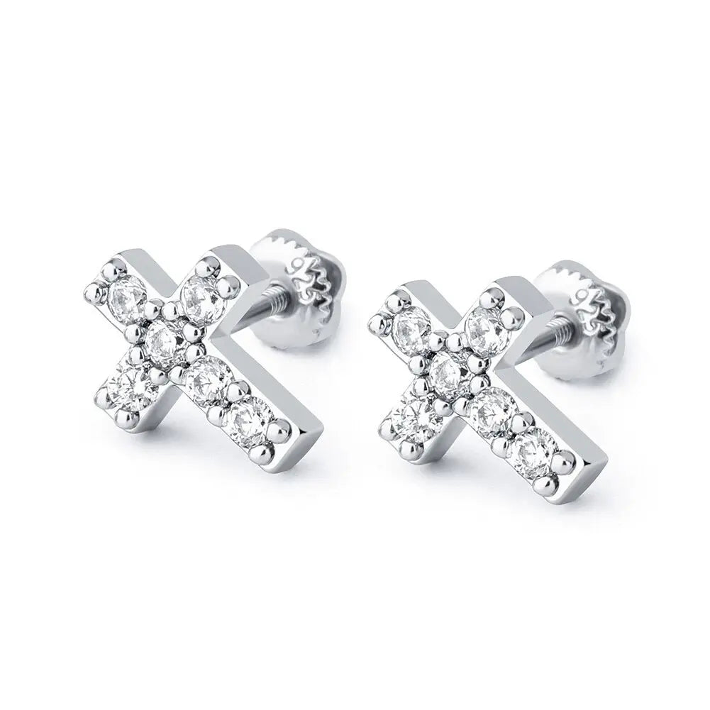 Mini Diamond Cross Earrings in 14k White Vermeil | - The Icetruck