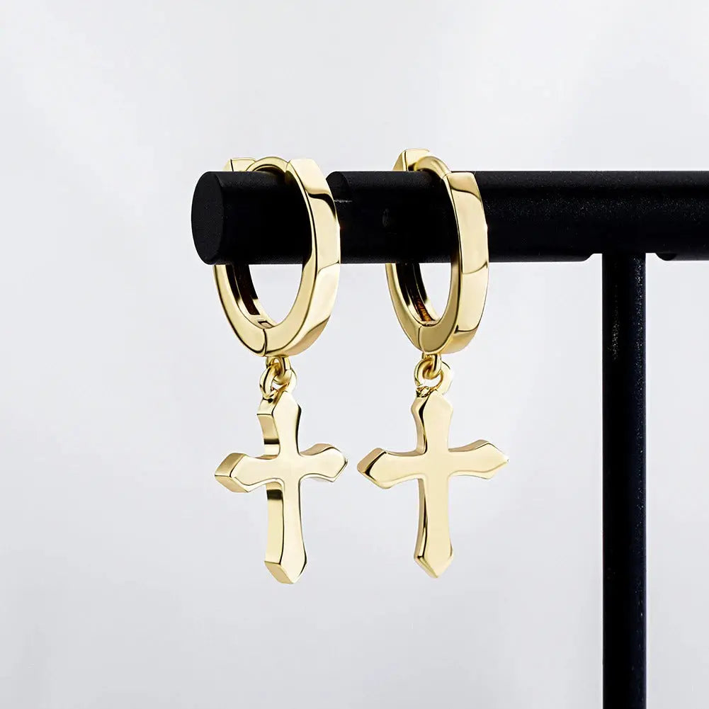 Polished Cross Hoop Earrings in Yellow Gold | - The Icetruck