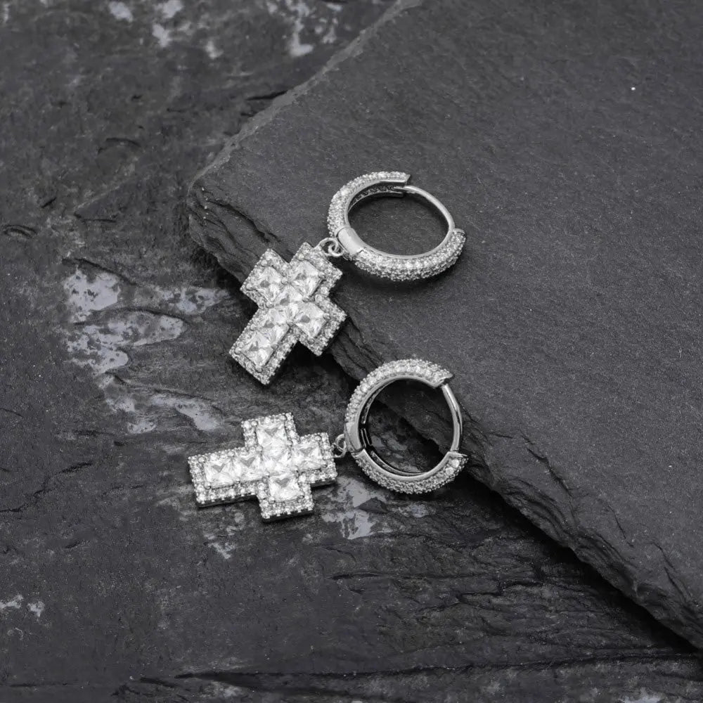 Princess Cut Diamond Cross Earrings in White Gold | - The Icetruck
