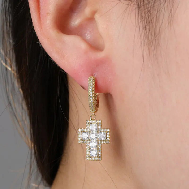 Princess Cut Diamond Cross Earrings in Yellow Gold   The Icetruck