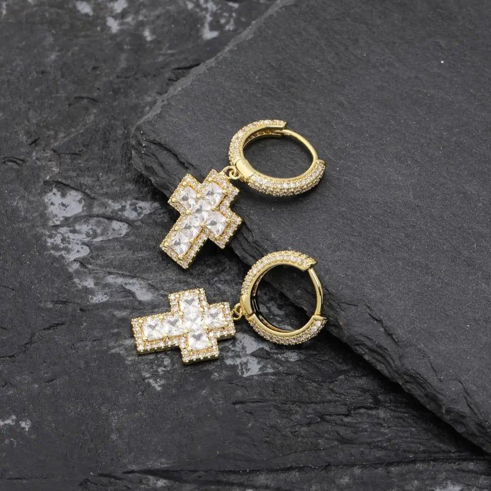 Princess Cut Diamond Cross Earrings in Yellow Gold | - The Icetruck