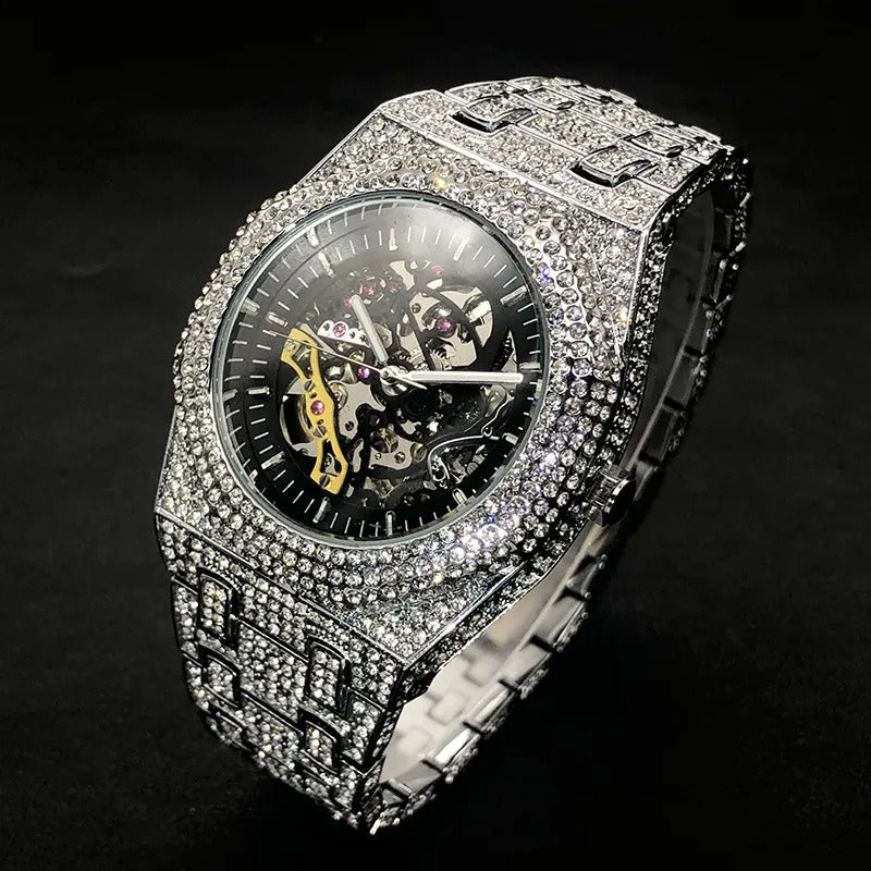 Iced Automatic Skeleton Watch in White Gold