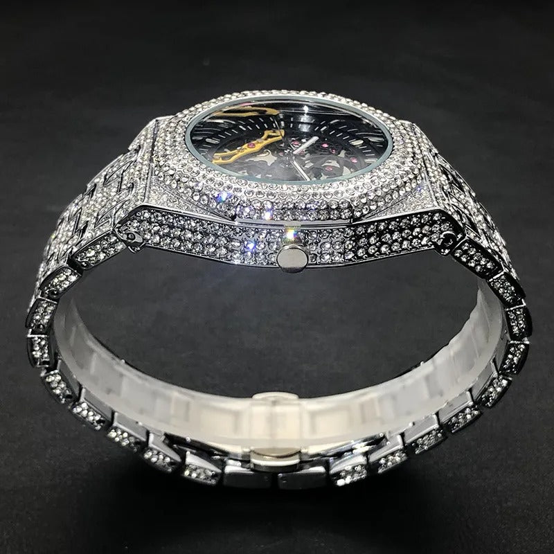 Iced Automatic Skeleton Watch in White Gold